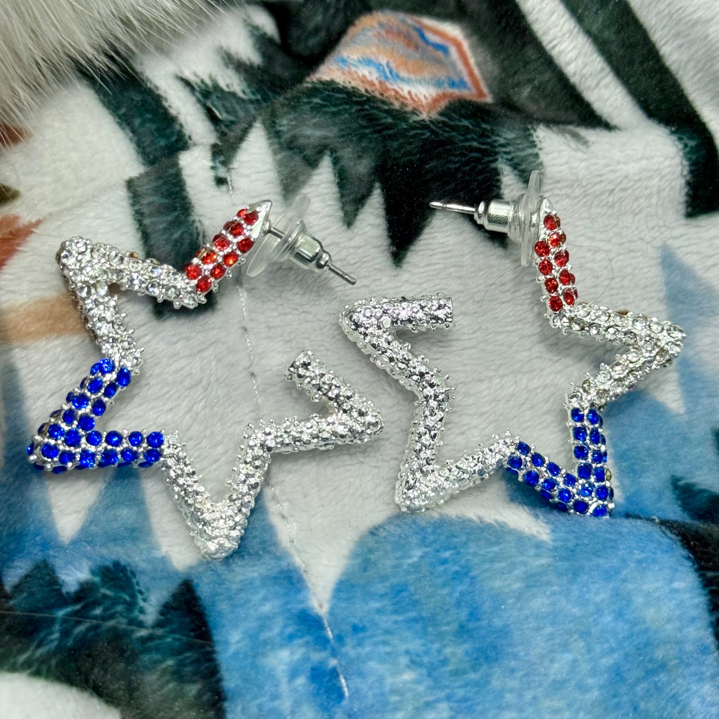 Red, White and Blue Crystal Star Hoop Earrings