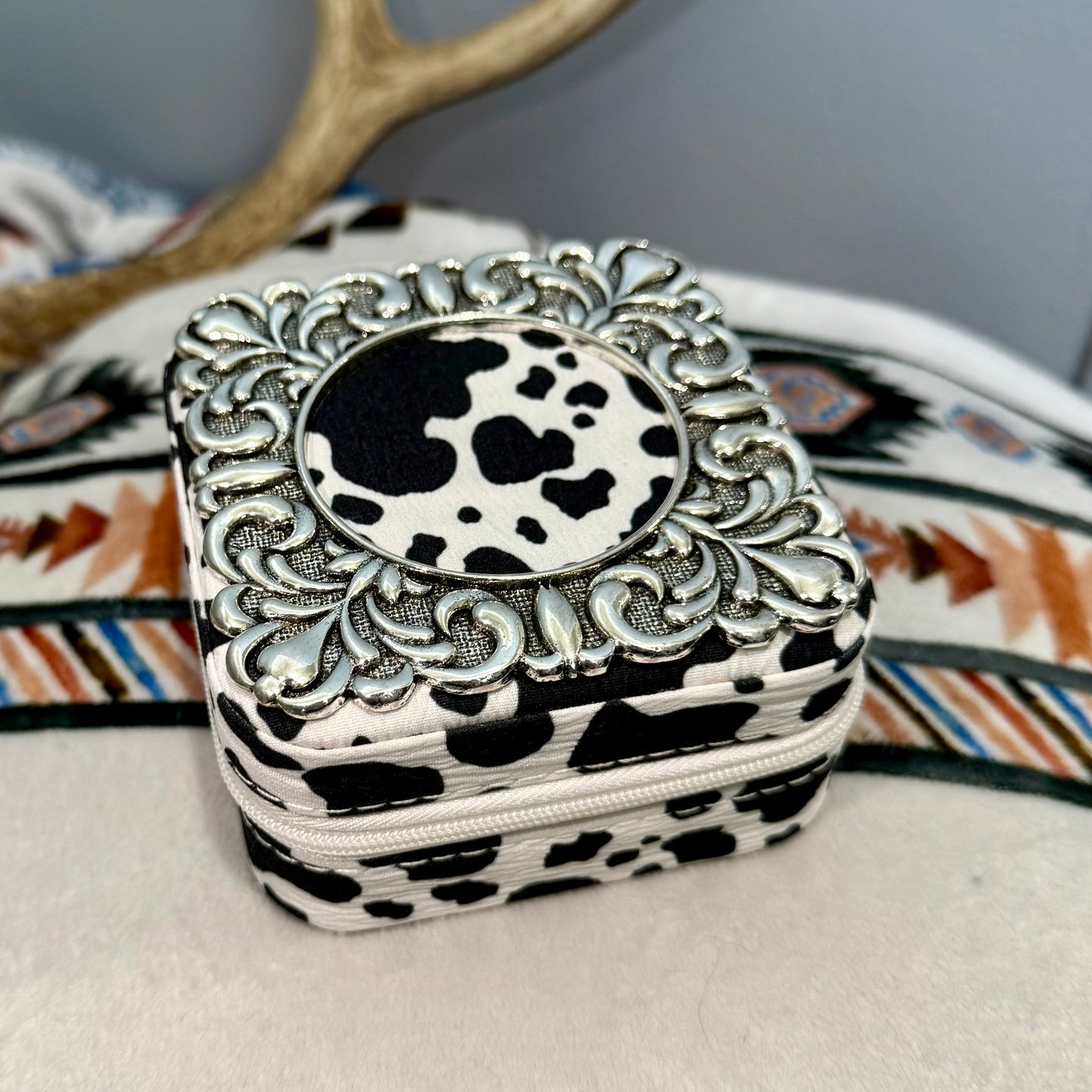 Macey Cow Print Metal Frame Small Travel Jewelry Box