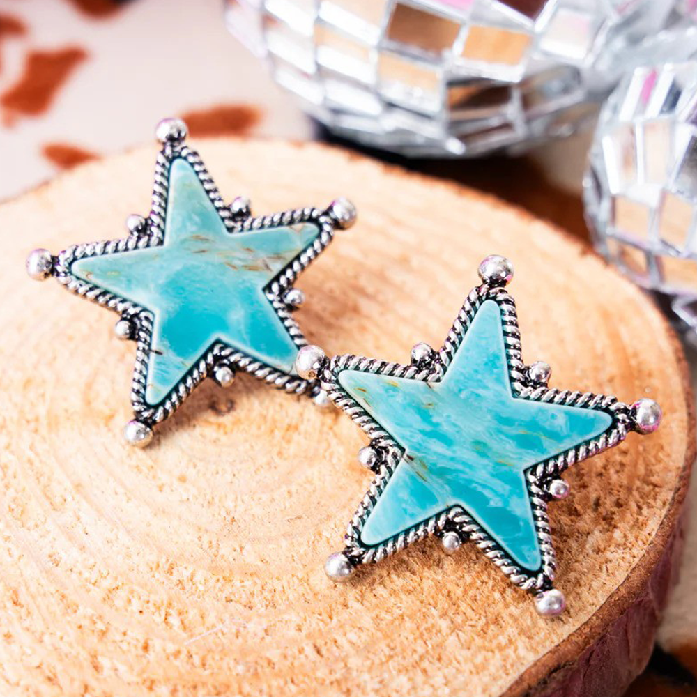Turquoise Star Silvertone Earrings