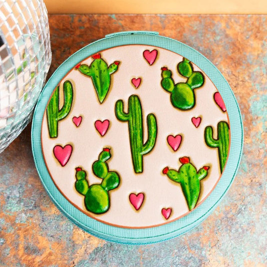 Cactus Hearts Small Round Travel Jewelry Box