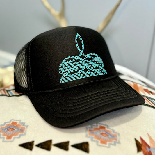 Turquoise Checkered Boot Stitch Foam Mesh Back Trucker Hat