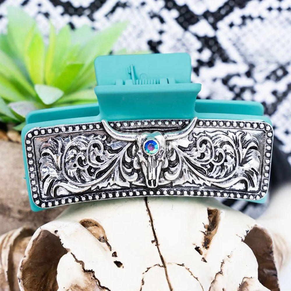 Silvertone Steer Turquoise Silvertone Hair Claw