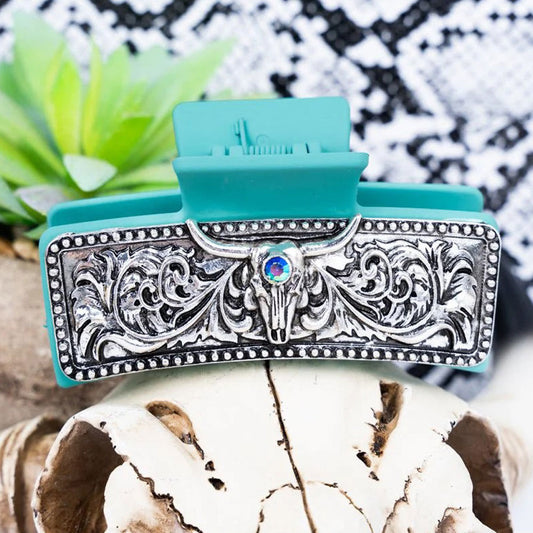 Silvertone Steer Turquoise Silvertone Hair Claw