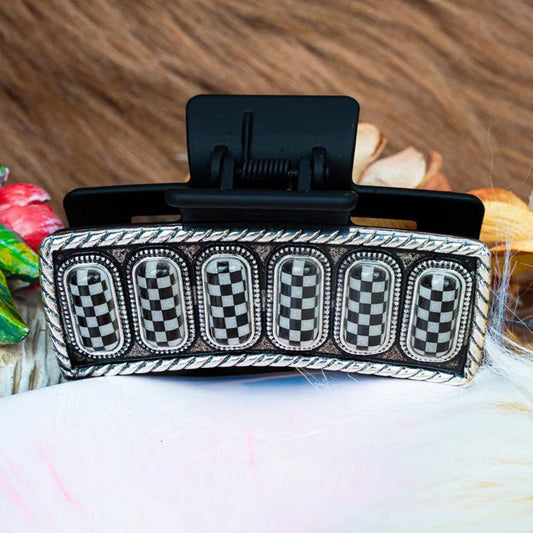 Checkered Silvertone Claw Clip